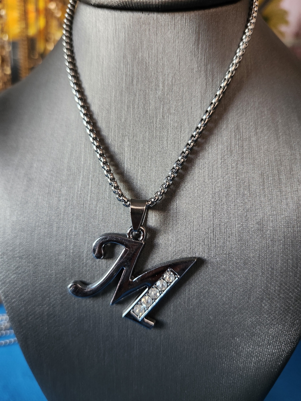 Men's Silver Initial 'M' Pendant Necklace with Crystal Accent